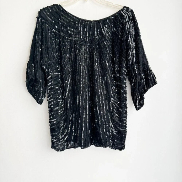 Vintage Frank Usher  Black All Over Sequin Sparkly Half Sleeve Top S - Picture 2 of 7